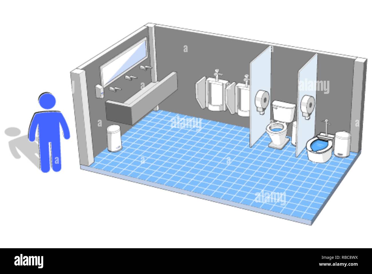 Toilettes publiques pour hommes avec des installations vue isométrique, vector illustration Illustration de Vecteur