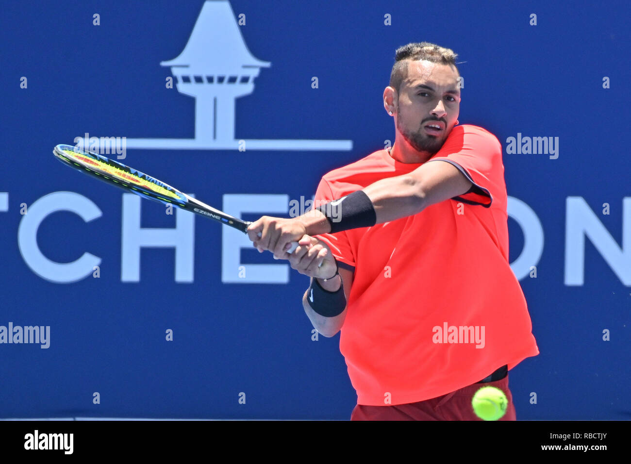 Melbourne, Australie. Jan 9, 2019. Nick Kyrgios (AUS) en action contre Bernard Tomic (AUS) au Kooyong Classic tournoi de tennis à Melbourne, Australie. Tomic a gagné 6364. Bas Sydney/Cal Sport Media/Alamy Live News Banque D'Images