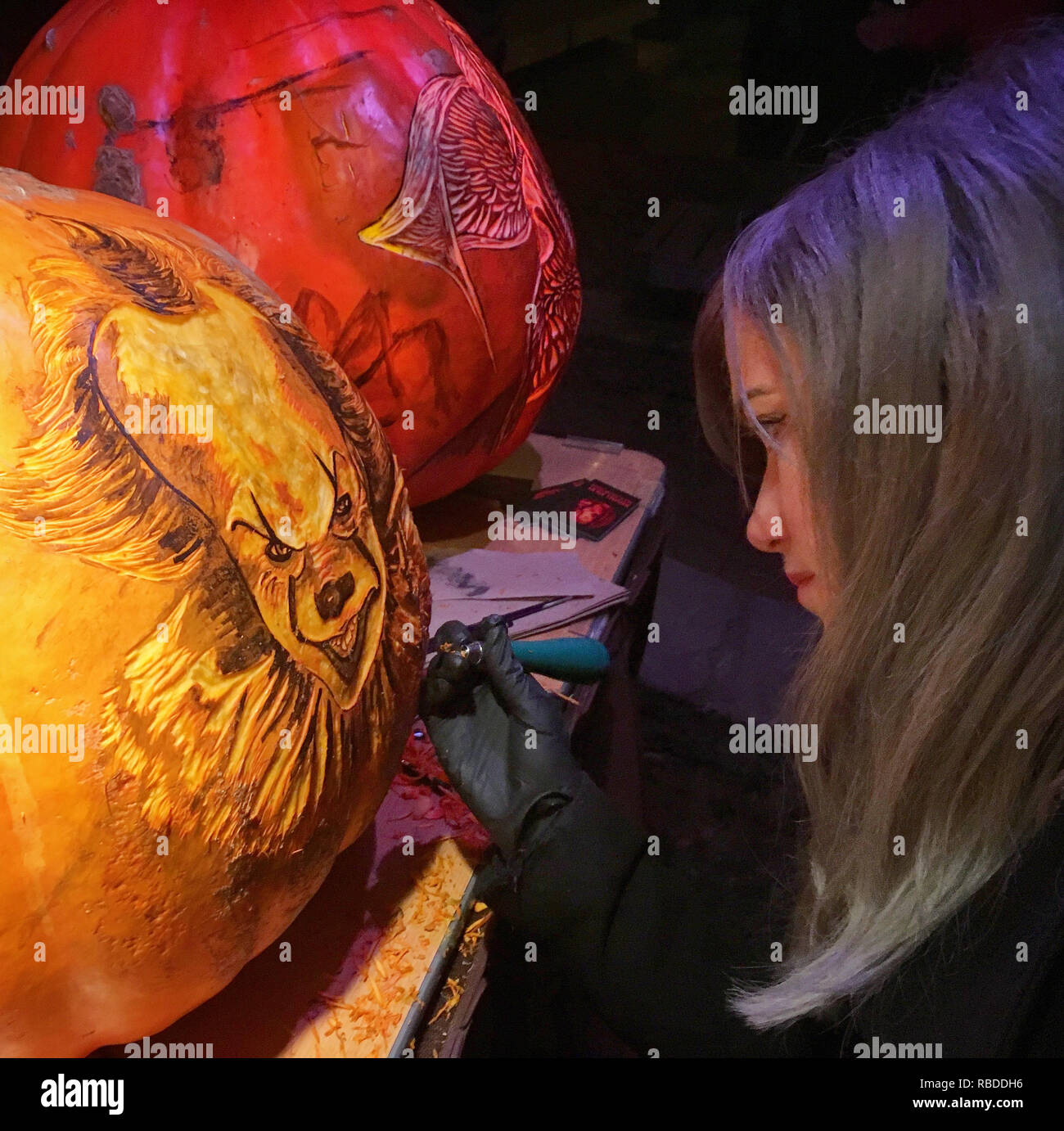NEW YORK, USA : Rachael au travail carving Pennywise. Ces sculptures de grimaces dans la vedette des motifs complexes qui ont eu jusqu'à 16 heures de parfait sont sûr de vous mettre dans l'esprit d'Halloween. De superbes photos montrent comment l'artiste a sculpté une terrifiante Giger précis inspiré dans l'exotiques de fruits de saison, tandis que certains décrivent les citrouilles Ghost Busters et les sorcières d'Hocus Pocus. D'autres citrouilles ont été imprimés avec la carcasse du film à succès 2017, Thor : Ragnarok, Disney's Moana et de Star Wars Darth Vader' en face de l'Étoile de la mort. Le gouverneur de la série de zombies Walking Banque D'Images
