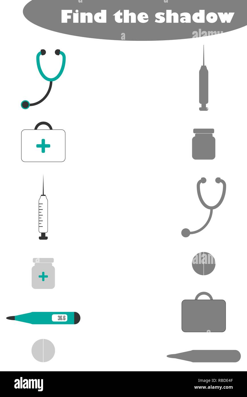 Trouver le jeu des ombres avec des images médicales pour les enfants, l'éducation game pour enfants d'âge préscolaire, de l'activité Feuille de tâche, pour le développement de la pensée logique, vector illustration Illustration de Vecteur