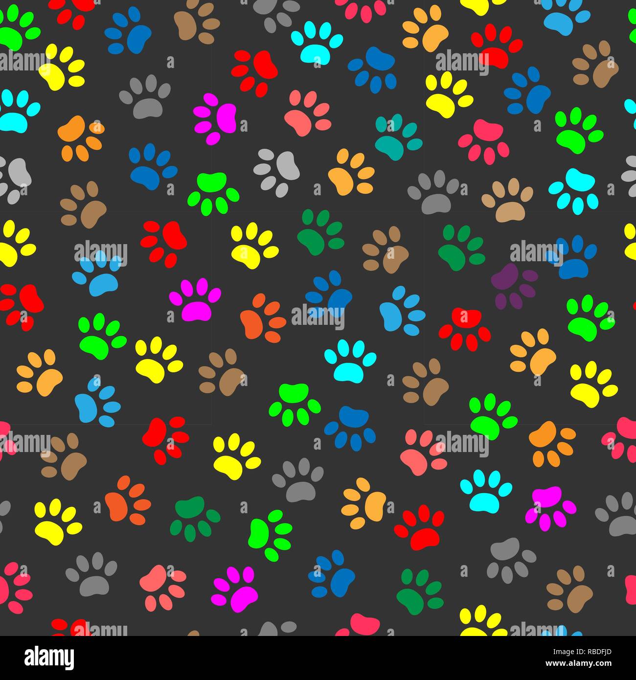 Patte d'animal colorée imprime l'empreinte sur fond noir motif sans couture Illustration de Vecteur