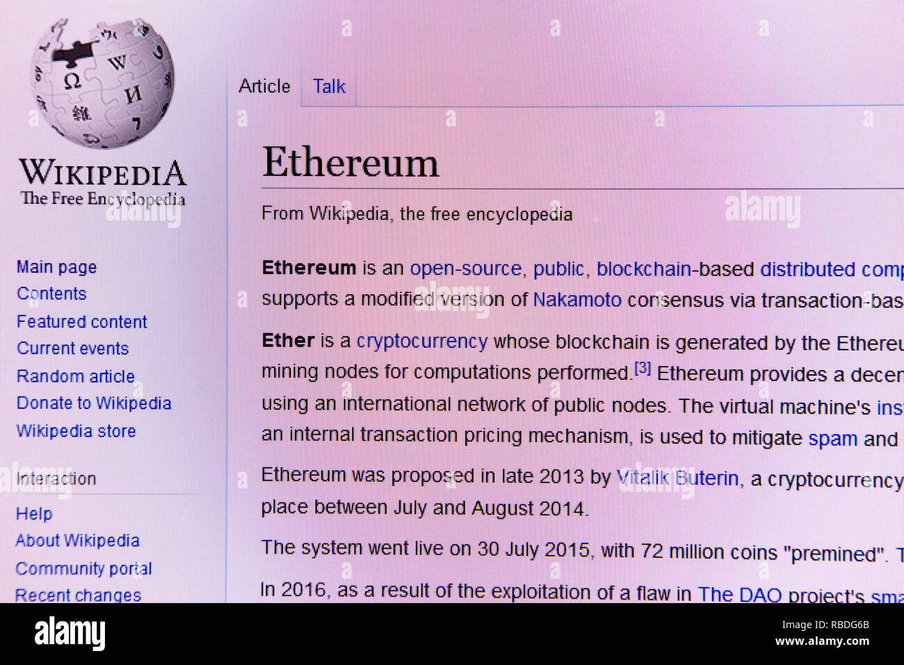 Site web de l'article Wikipedia pour l'Ethereum cryptocurrency Banque D'Images