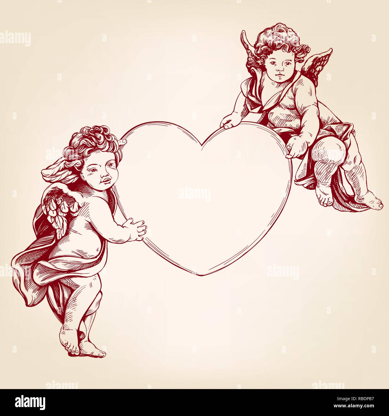 Anges ou cupidon, petit bébé est titulaire d'un coeur, Saint Valentin, amour, carte de souhaits hand drawn vector illustration croquis réalistes Illustration de Vecteur