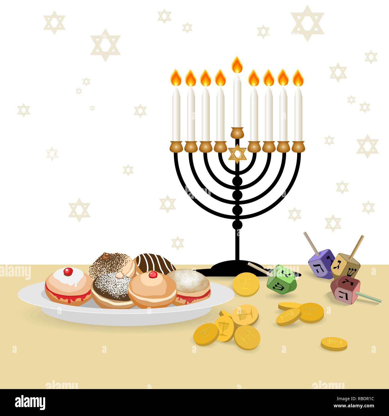 La conception juive de Hanoukka avec sufganiyot ,dreidel, menorah, Bunting, coins isolé sur fond blanc. Vector illustration. Illustration de Vecteur