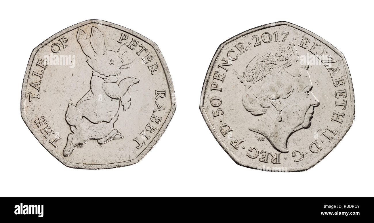 L'avant et l'arrière d'un UK 50p coin avec l'histoire de Peter Rabbit design Banque D'Images
