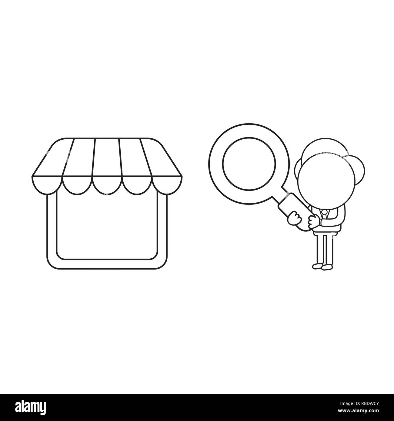 Vector illustration concept de caractère businessman holding magnifying glass un magasin. Contour noir. Illustration de Vecteur