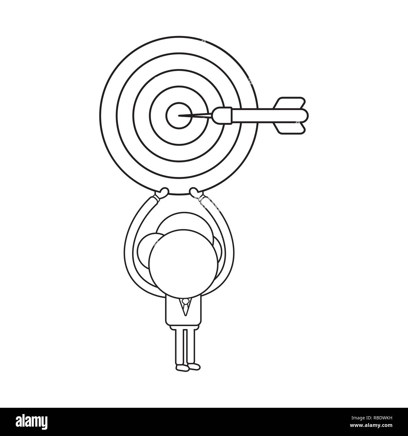 Vector illustration concept de caractère businessman holding up Bulls Eye et de fléchettes dans le centre. Contour noir. Illustration de Vecteur