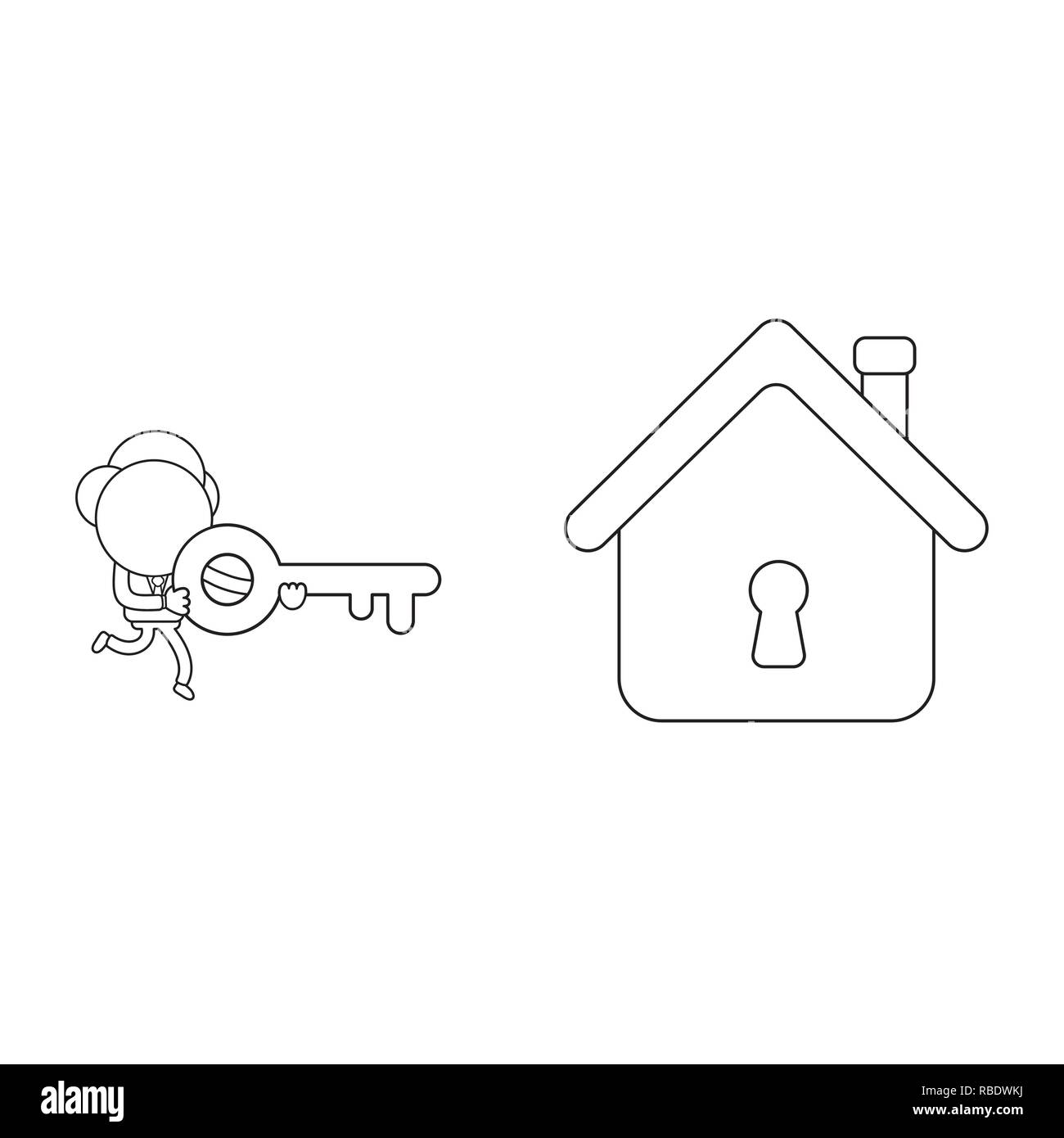 Vector illustration concept de caractère homme d'exécution clé de chambre de serrure. Contour noir. Illustration de Vecteur