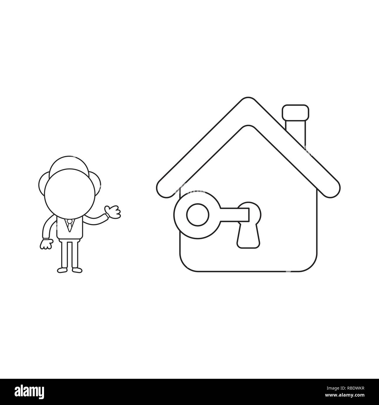 Vector illustration concept de caractère d'affaires verrouiller ou déverrouiller la serrure de la chambre à clef. Contour noir. Illustration de Vecteur