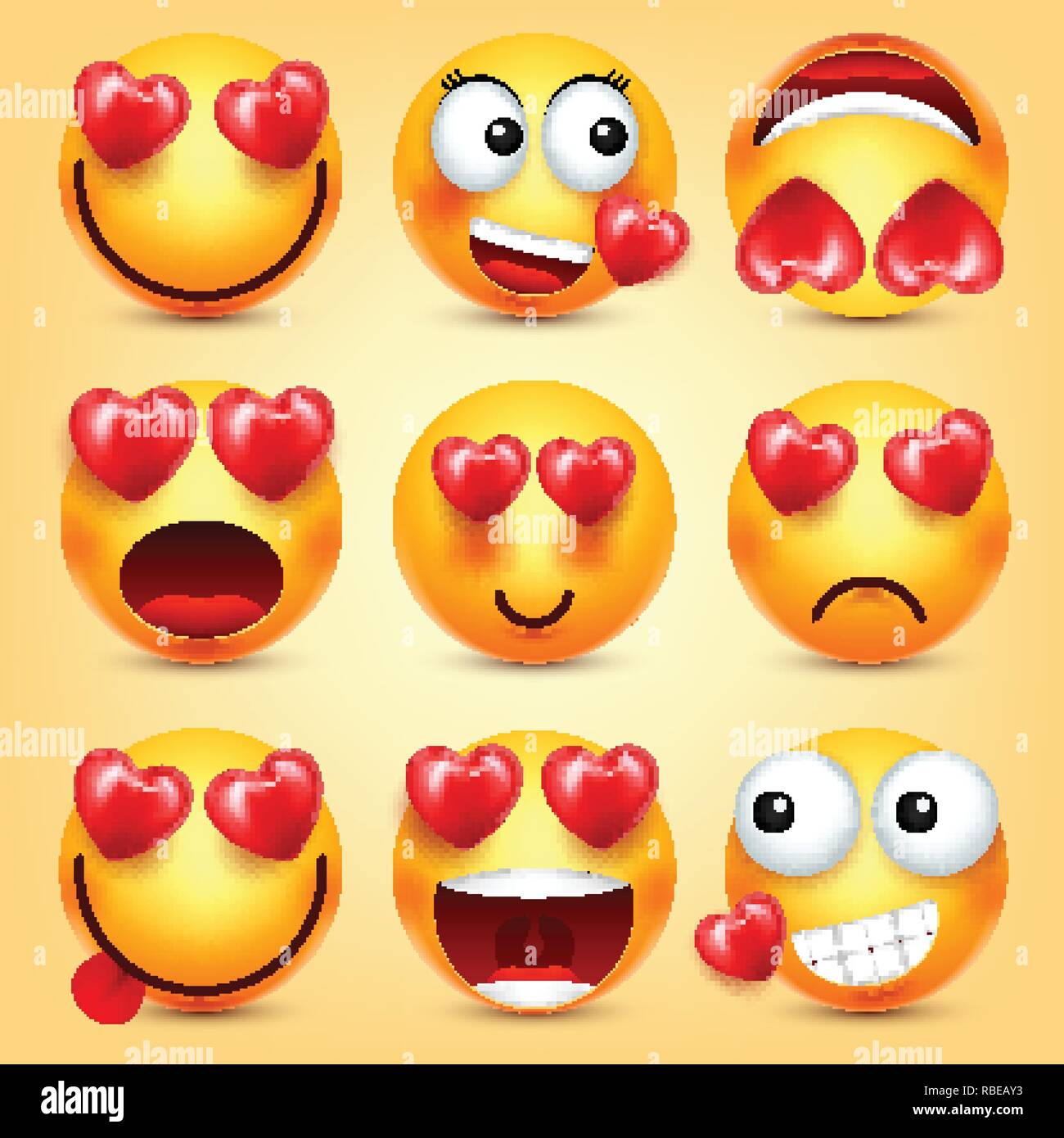 Smiley Emoji avec Red Heart Vector Set. Valentines Day Cartoon émoticônes jaune Face. L'amour Sentiment d'expression. Illustration de Vecteur