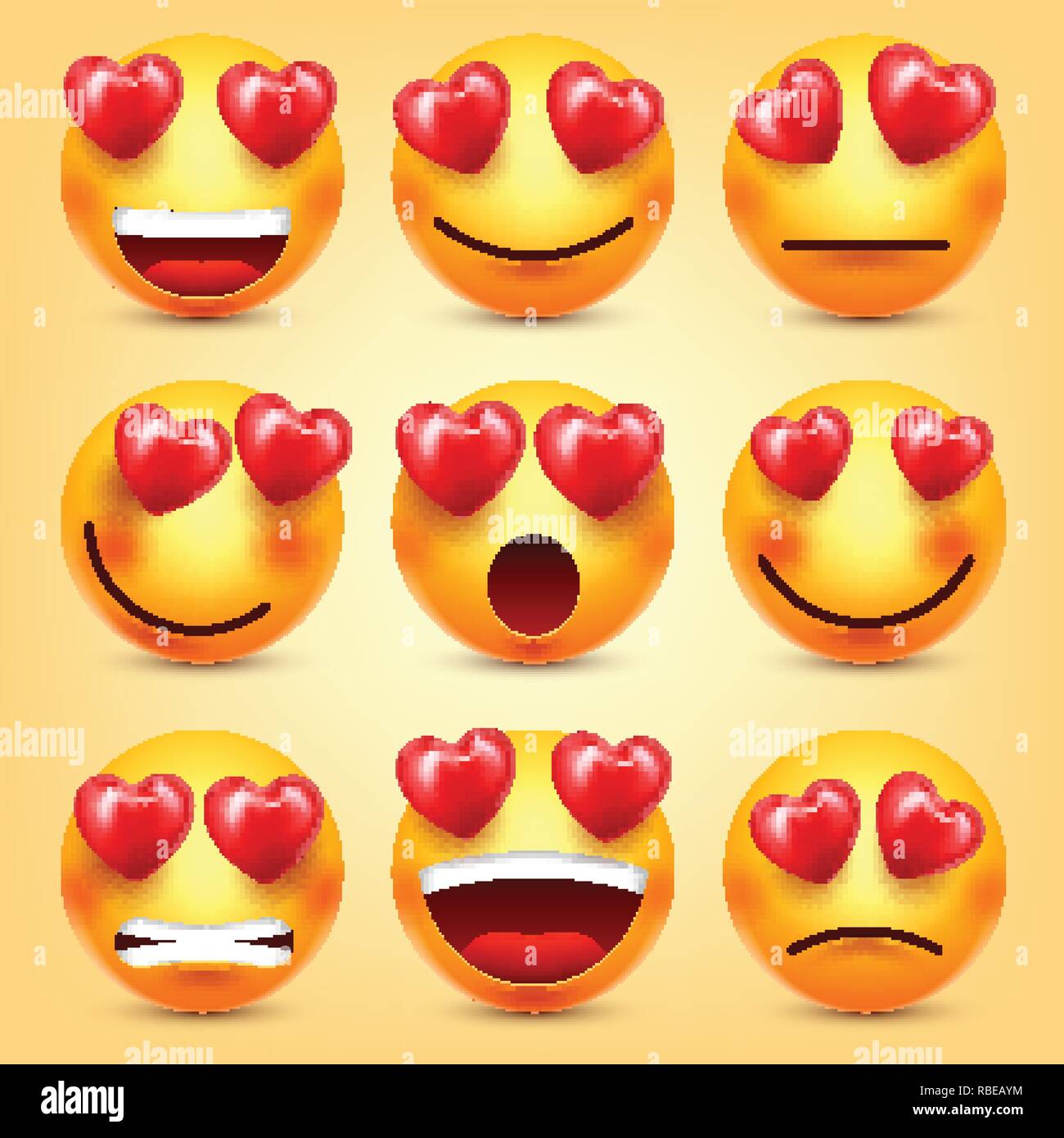 Smiley Emoji avec Red Heart Vector Set. Valentines Day Cartoon émoticônes jaune Face. L'amour Sentiment d'expression. Illustration de Vecteur