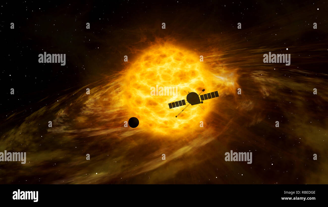 L'exploration du cosmos par des engins spatiaux sur l'orbite du système solaire lointain. Vol 3D réaliste de l'espace la sonde au soleil exotique. Galaxie billet d'années-lumière de la terre Banque D'Images