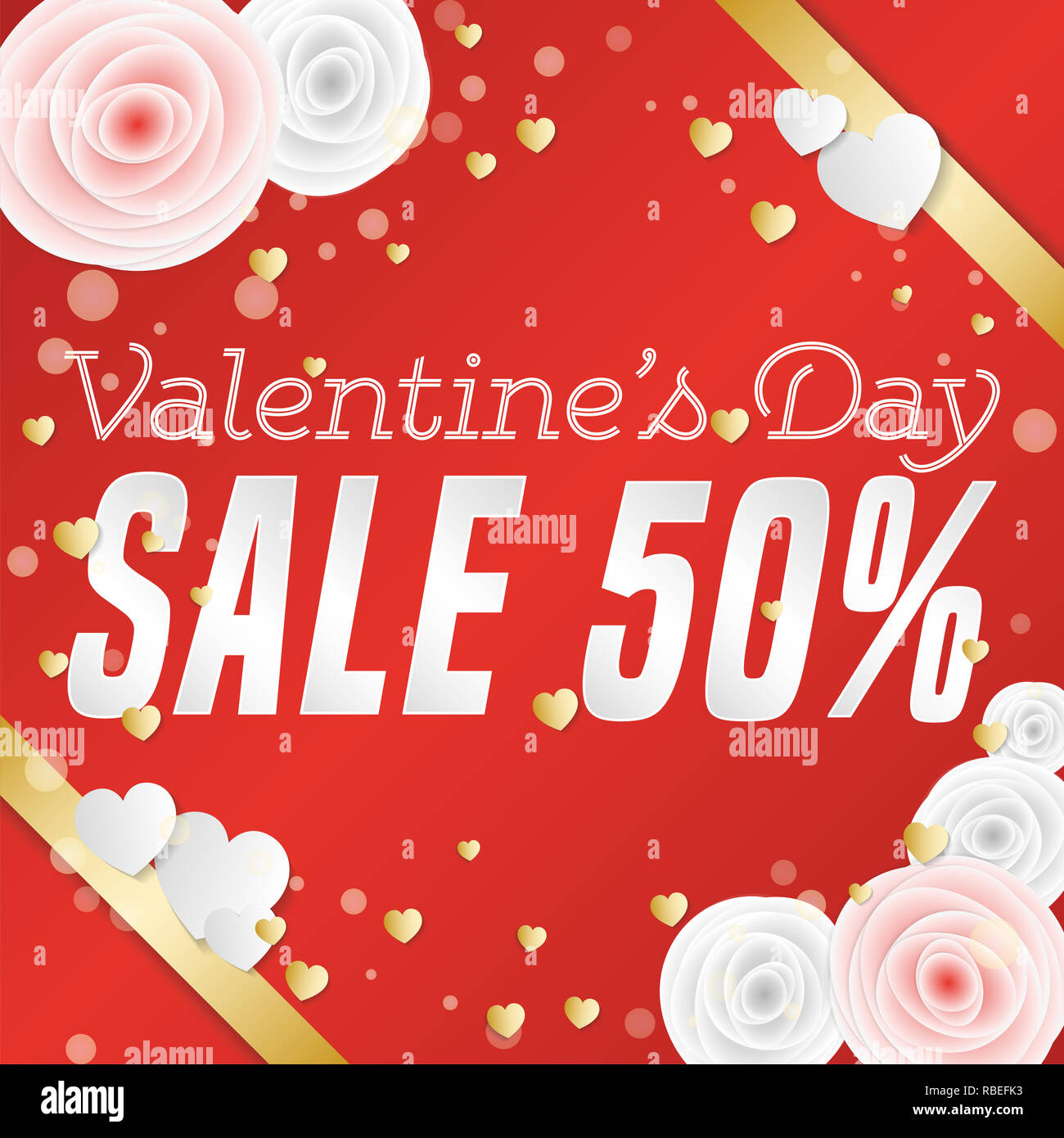 Valentine's Day Sale bannière carré avec fleurs blanches et roses, coeurs or et des bandes. Vector illustration. Banque D'Images