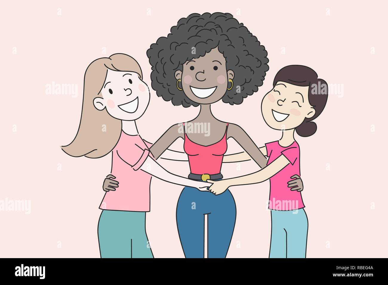 Heureux les femmes ou les jeunes filles, de race blanche, d'Afrique, d'Asie - se tenant ensemble et tenir la main. Multi-Ethnic Female Friends, Union européenne, féministes, Sisterhood Concept. Faites à la main, Style plat de personnages de dessins animés Illustration de Vecteur