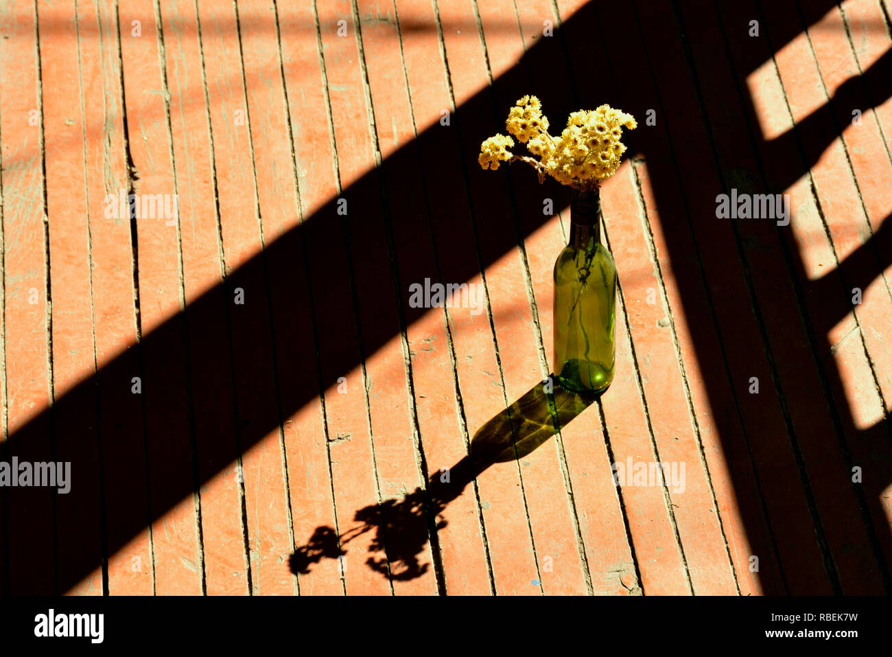 Vieux plancher en bois. Bouteille avec des fleurs, de la réflexion et des ombres Banque D'Images