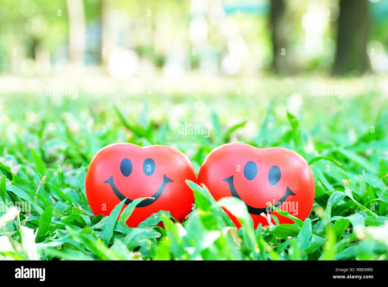 Deux coeur rouge sourire sur grass field Banque D'Images