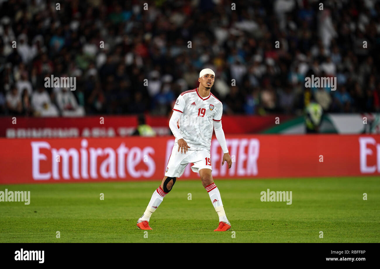 10 janvier 2019 : Ismail Ahmed des Emirats Arabes Unis au cours d'eau v l'Inde à la Zayed Sports City Stadium à Abu Dhabi, EAU, AFC Asian Cup, championnat de football d'Asie. Ulrik Pedersen/CSM. Banque D'Images