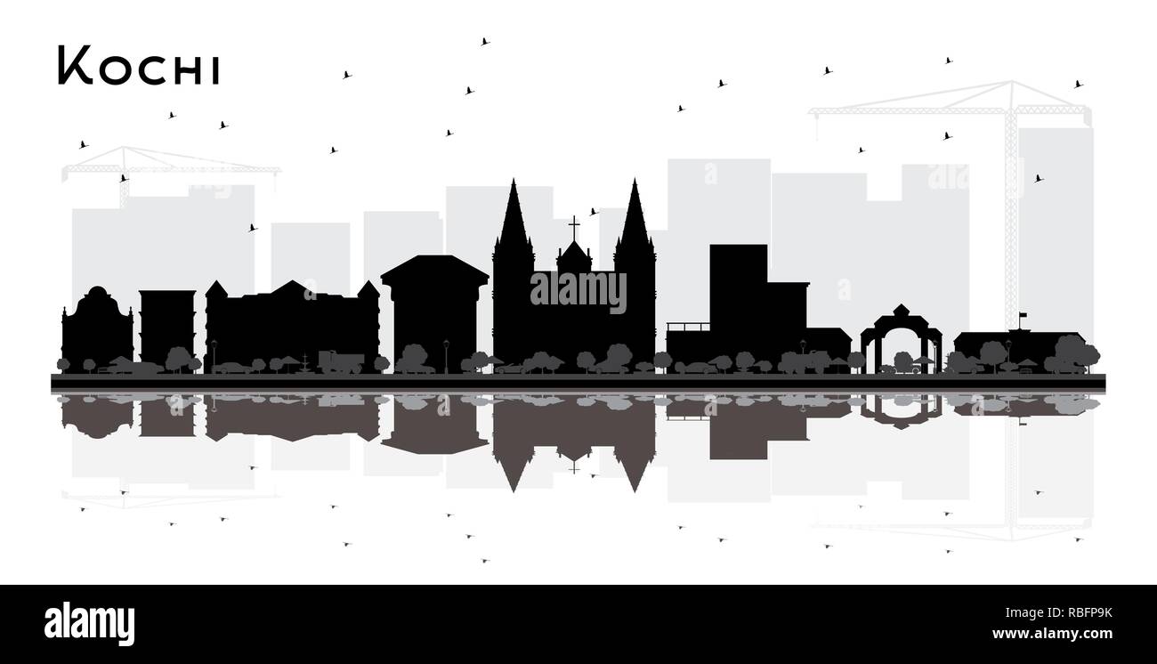 Kochi Inde Ville Silhouette aux bâtiments et réflexions noir isolé sur blanc. Vector Illustration. Concept du tourisme. Illustration de Vecteur