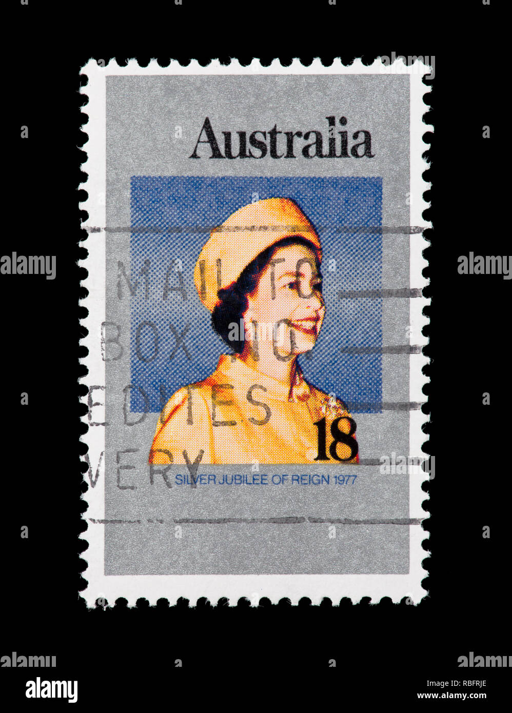 Timbre-poste de l'Australie qui représente la reine Elizabeth II sur le 25e anniversaire de son règne. Banque D'Images