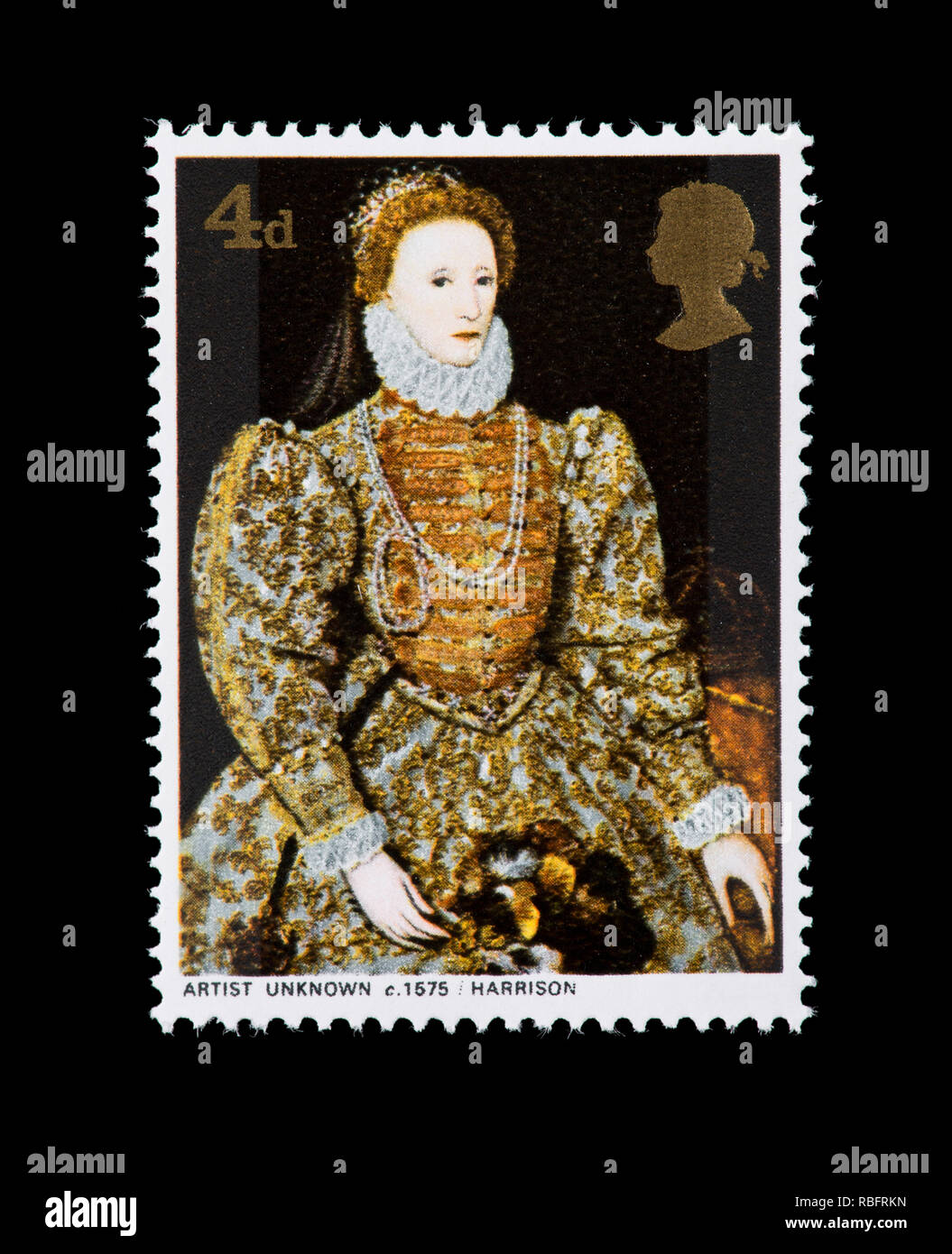 Timbre-poste à partir de la Grande-Bretagne représentant une peinture de la Reine Elizabeth I, vers 1575. Banque D'Images