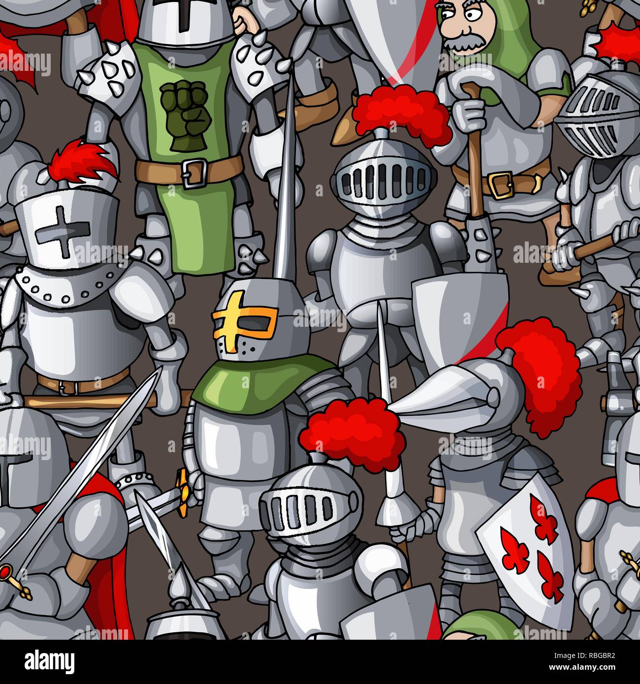 Armored médiéval knights formation hand drawn seamless pattern, armes de guerriers Illustration de Vecteur