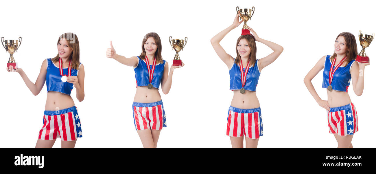 Young female boxer avec cuvette isolated on white Banque D'Images