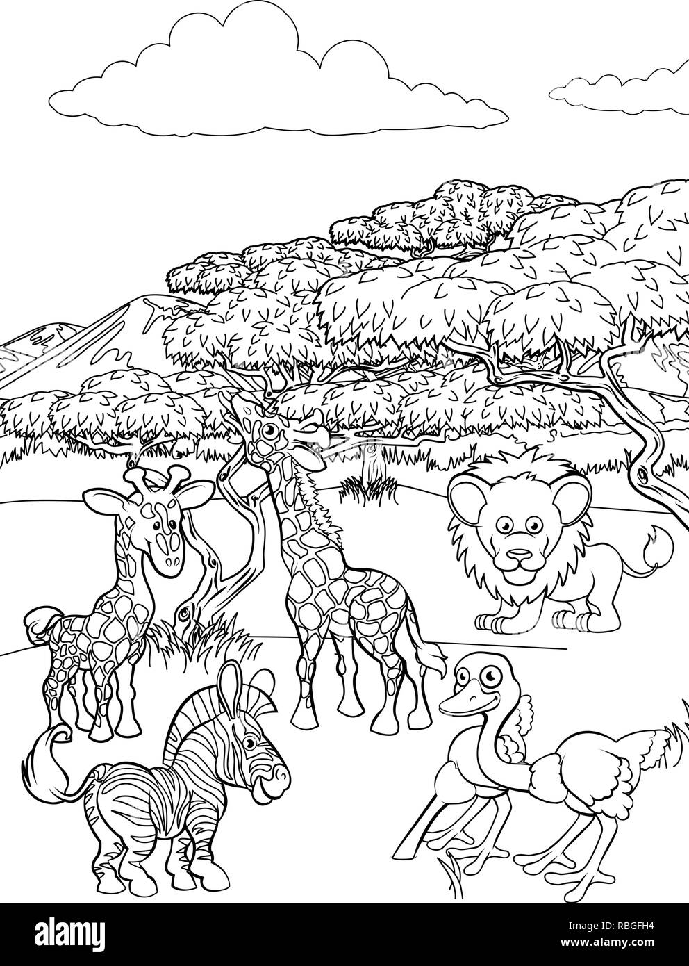 Cartoon Animal Safari Scène paysage en arrière-plan Illustration de Vecteur