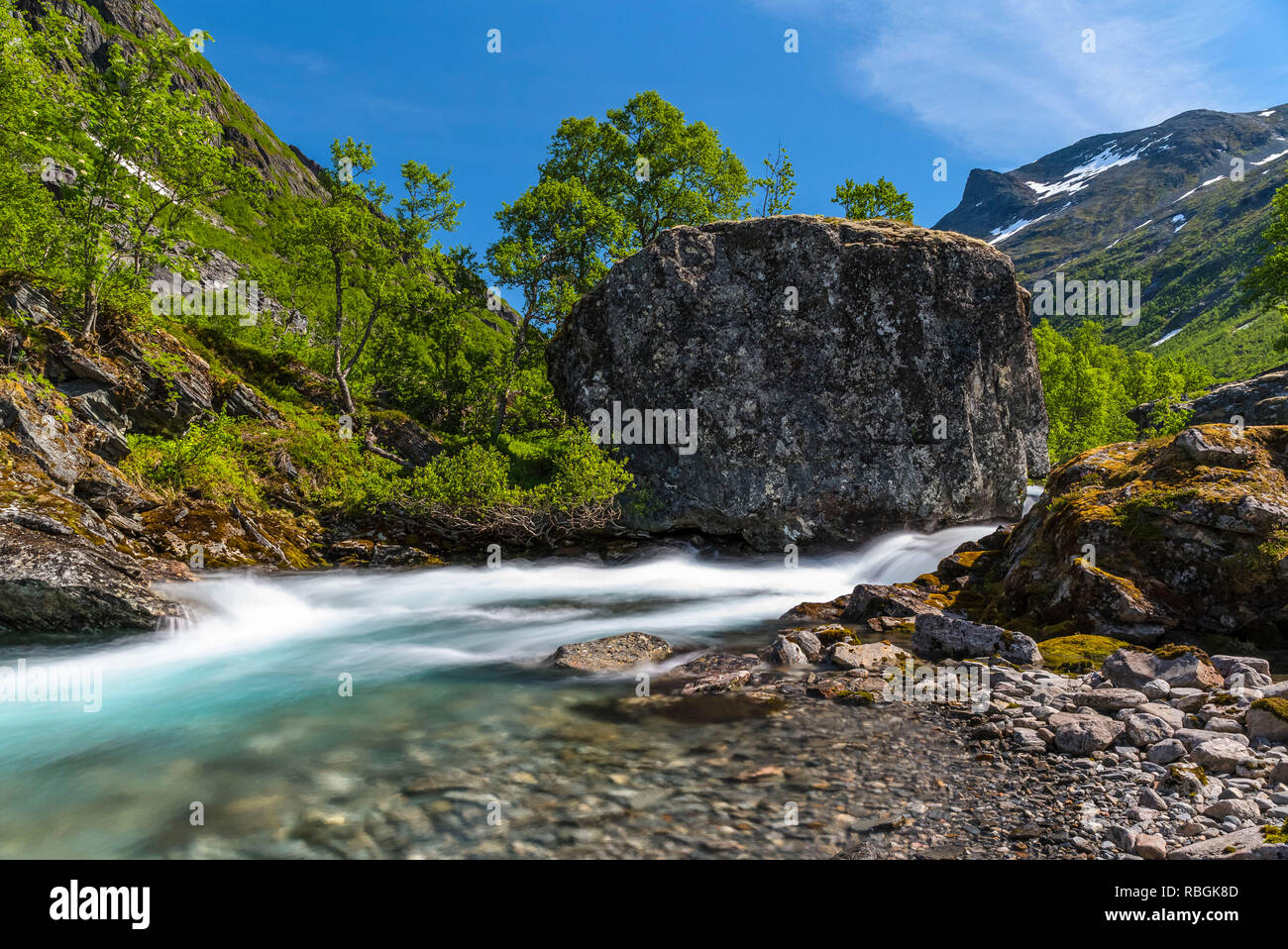 Le flux le plus clair dans une vallée de montagne couverte de bouleaux au printemps sous un ciel bleu. La Norvège, autour de Hjelledalen. Banque D'Images