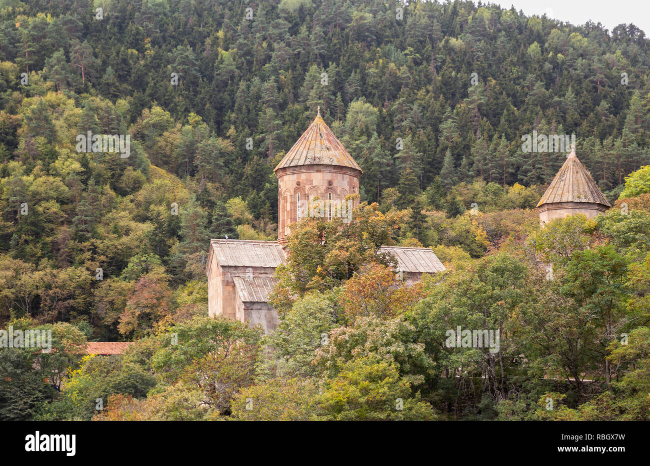 Temples de l'antique monastère Sapara sur flanc de montagne en forêt, Géorgie Banque D'Images