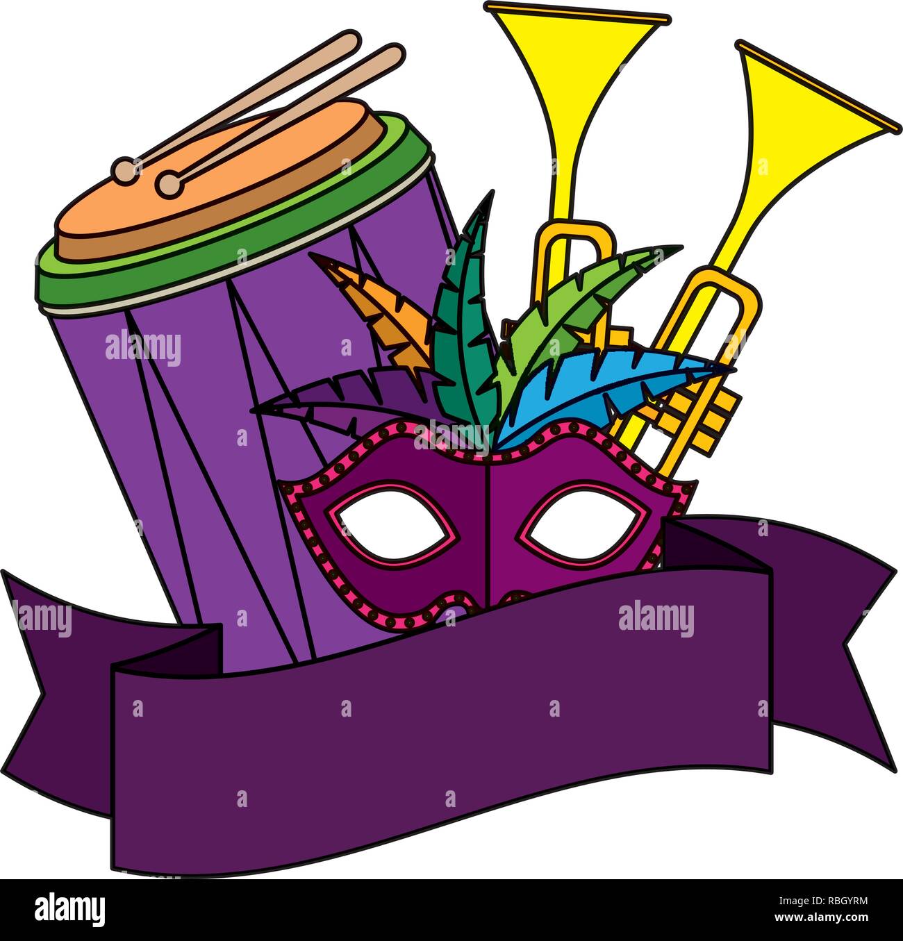 Masque de carnaval avec des plumes et des instruments de musique Illustration de Vecteur