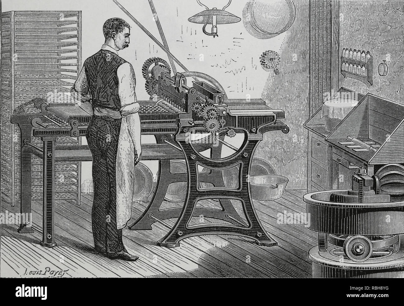 Histoire de la médecine. 19e siècle. Des machines. Etuyage de pilules. La gravure. Banque D'Images