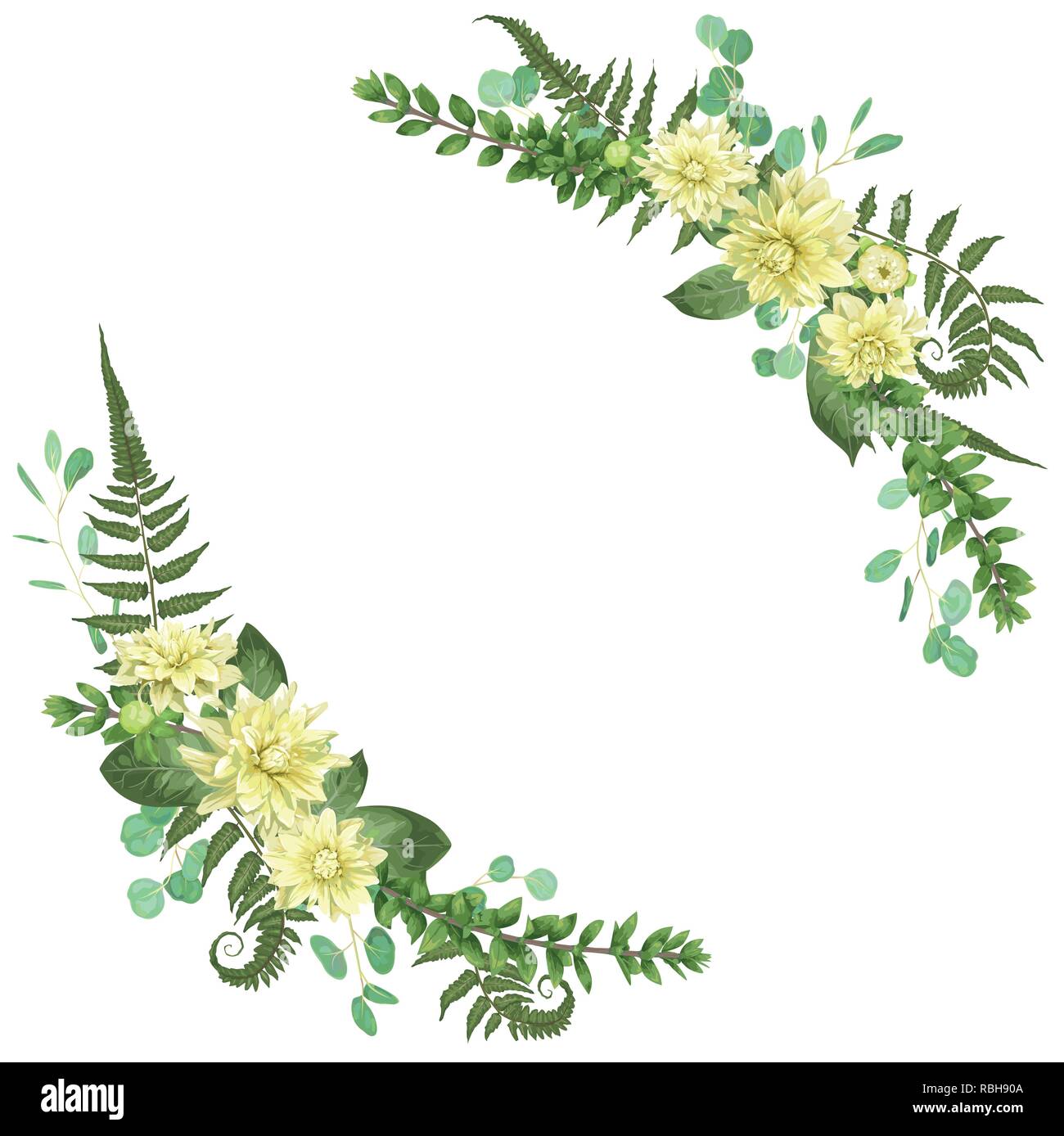 Vecteur angulaire délicate floral frame avec dahlias, fern leaf, branche de buis et d'eucalyptus est isolé sur fond blanc. Pour l'élément en mariage Illustration de Vecteur