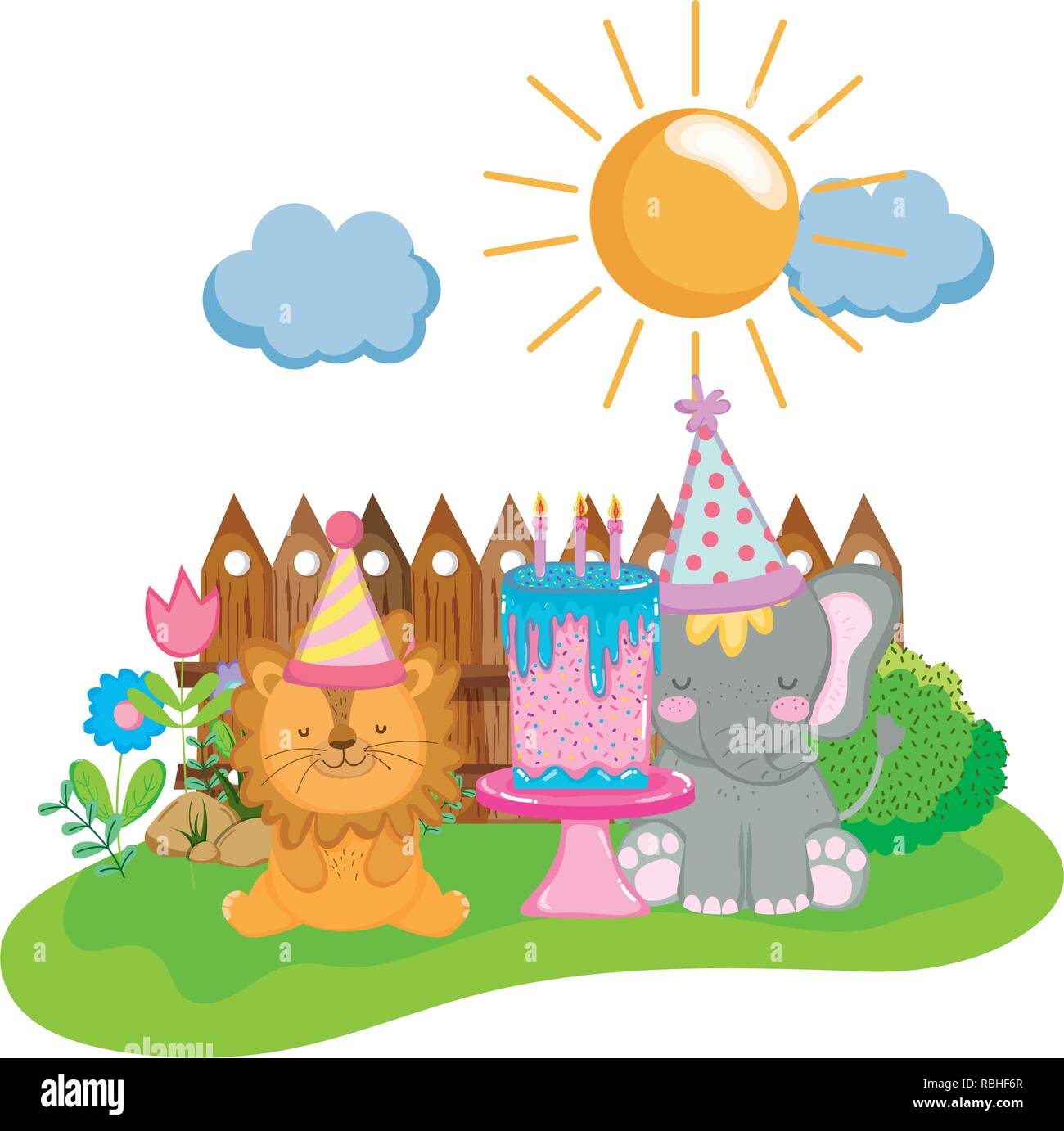 Petit éléphant et lion avec party hat Illustration de Vecteur