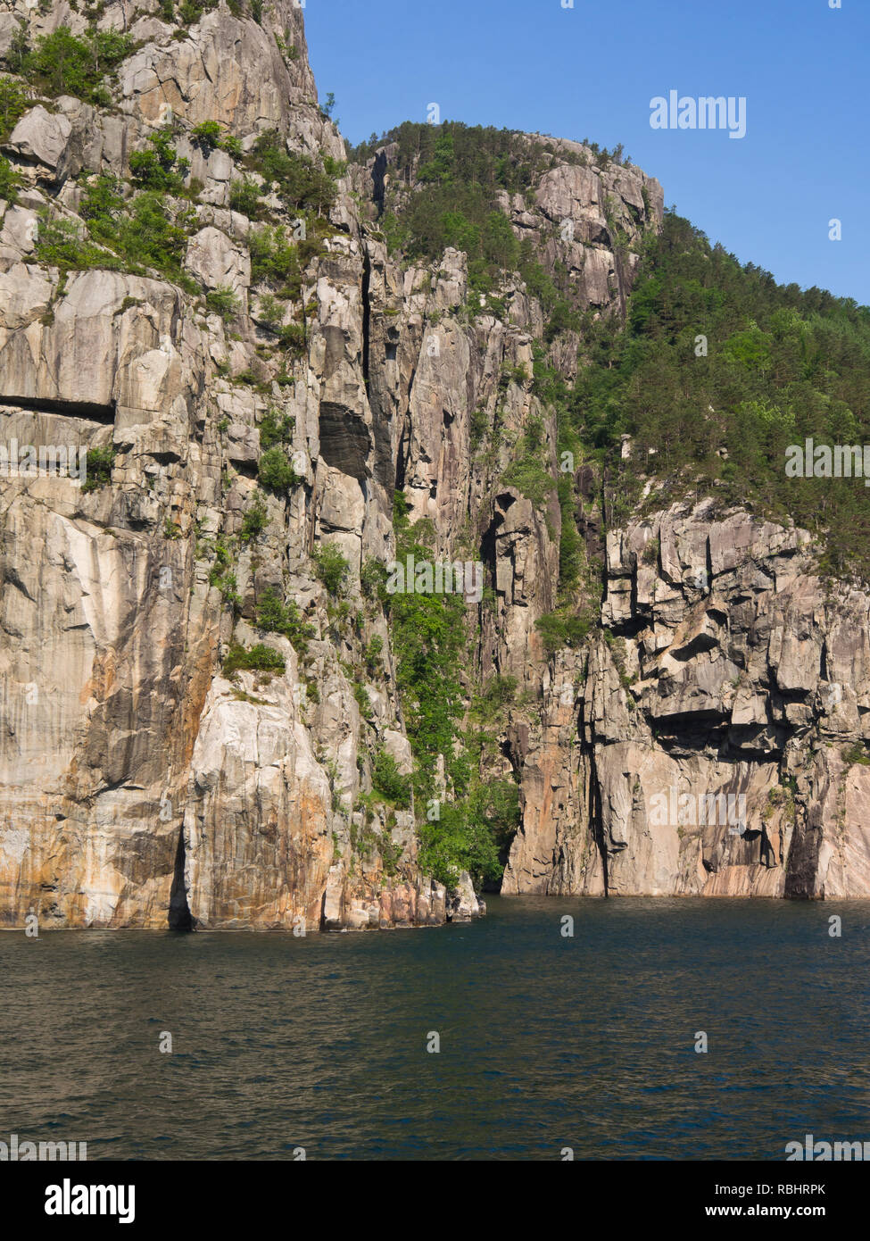 Une journée de croisière dans le fjord Lysefjorden est de Stavanger en Norvège, l'audace des arbres et des montagnes escarpées et accidentées tout droit dans le fjord Banque D'Images