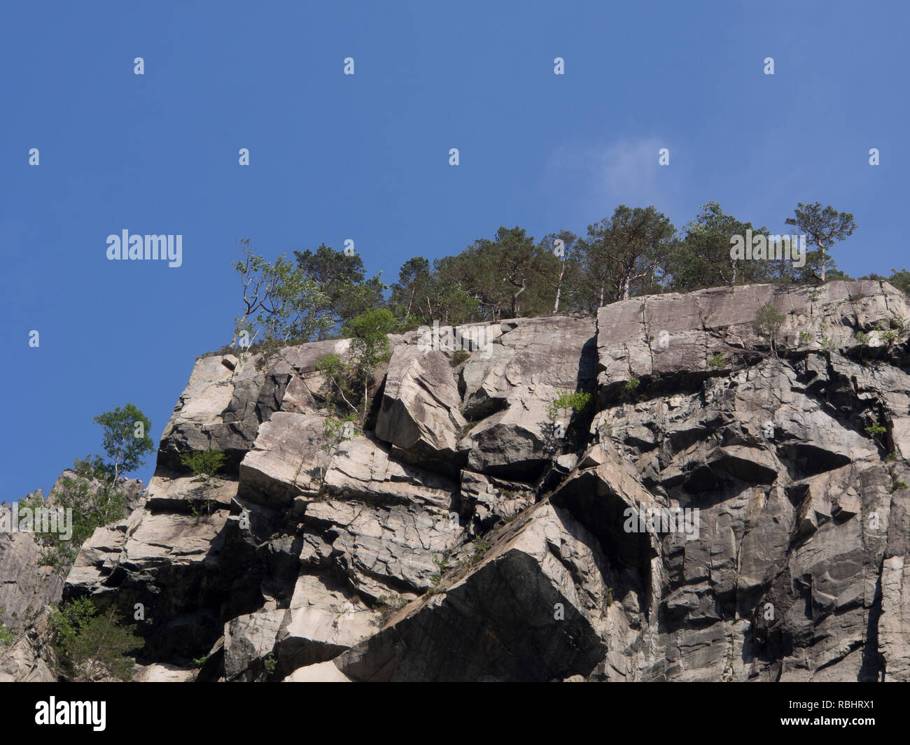Une journée de croisière dans le fjord Lysefjorden est de Stavanger en Norvège, à la recherche des montagnes escarpées de naissain et accroché des arbres dans une nature préservée Banque D'Images
