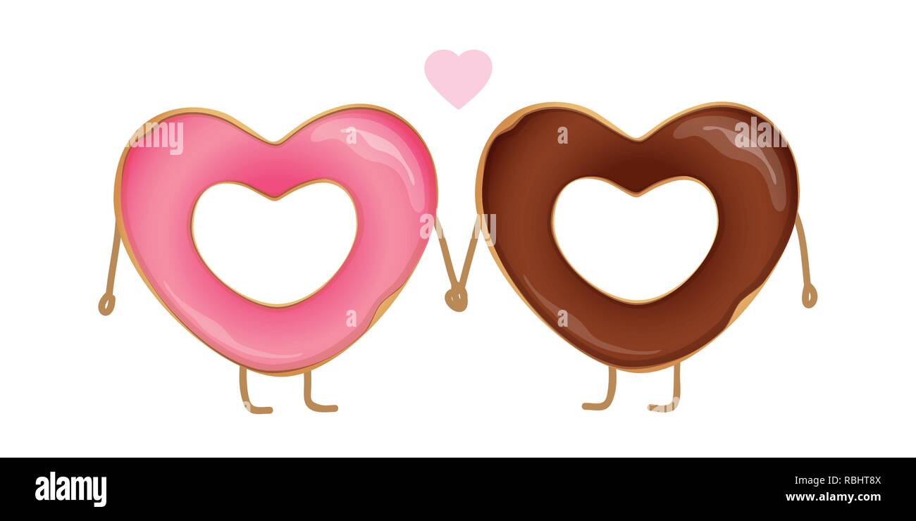 Deux beignets en forme de coeur dans l'amour du chocolat et glaçage rose illustration vecteur EPS10 Illustration de Vecteur