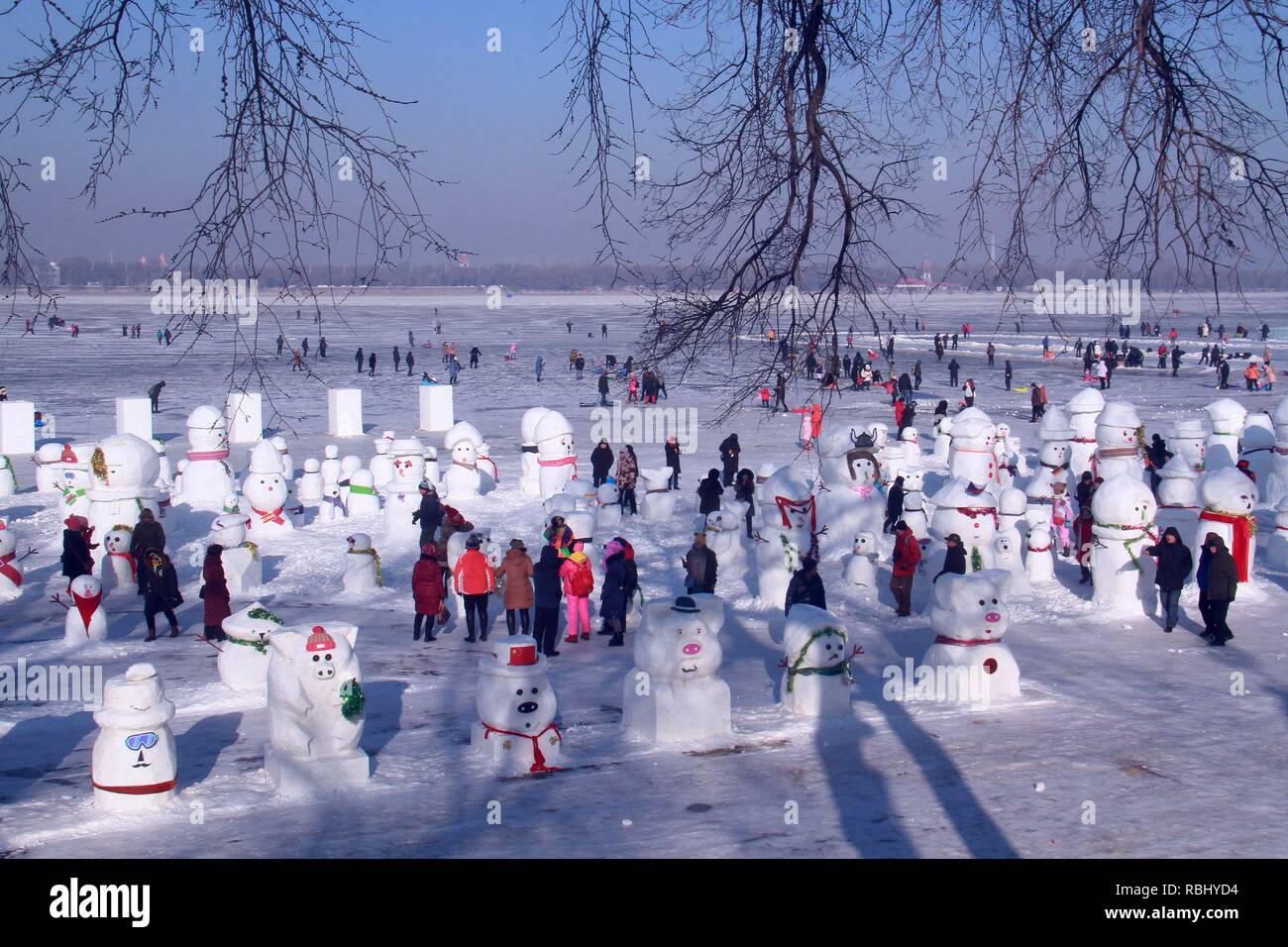 Harbin, Chine. 10 janvier, 2019. Les bonshommes réalisés par les étudiants des universités peut être vu à Dalin Park à Harbin, au nord-est de la province de la Chine. Credit : Asie/Pacifique SIPA Press/Alamy Live News Banque D'Images