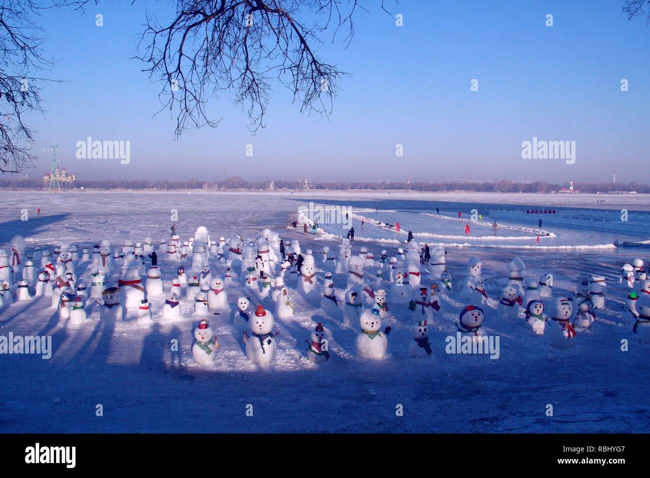 Harbin, Chine. 10 janvier, 2019. Les bonshommes réalisés par les étudiants des universités peut être vu à Dalin Park à Harbin, au nord-est de la province de la Chine. Credit : Asie/Pacifique SIPA Press/Alamy Live News Banque D'Images
