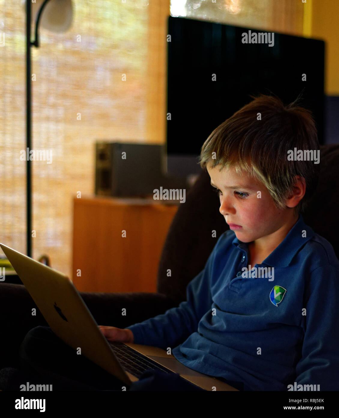 Un garçon de six ans portant des uniformes de l'école travaillant sur un ordinateur portable Banque D'Images