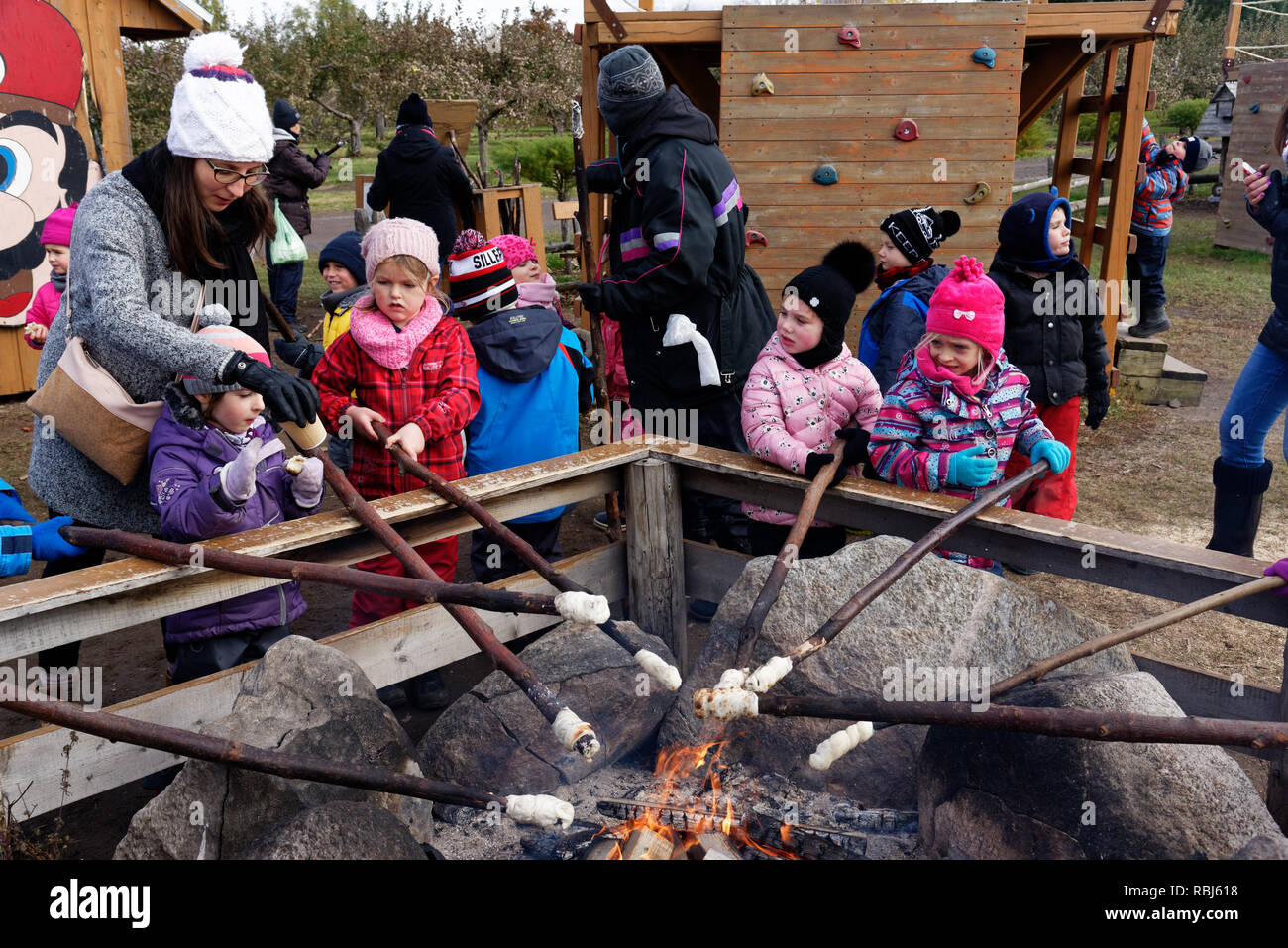 La cuisson du pain bannock enfants camp sur des bâtons sur un feu ouvert Banque D'Images