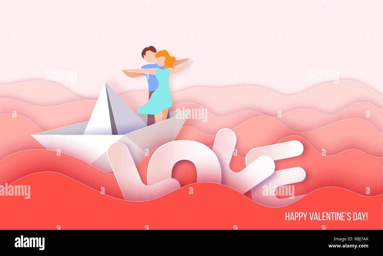 Carte Saint Valentin avec couple hugging in love sur papier bateau dans la mer rouge. Vector illustration d'art sur papier. Coupe papier et de l'artisanat traditionnel. Illustration de Vecteur
