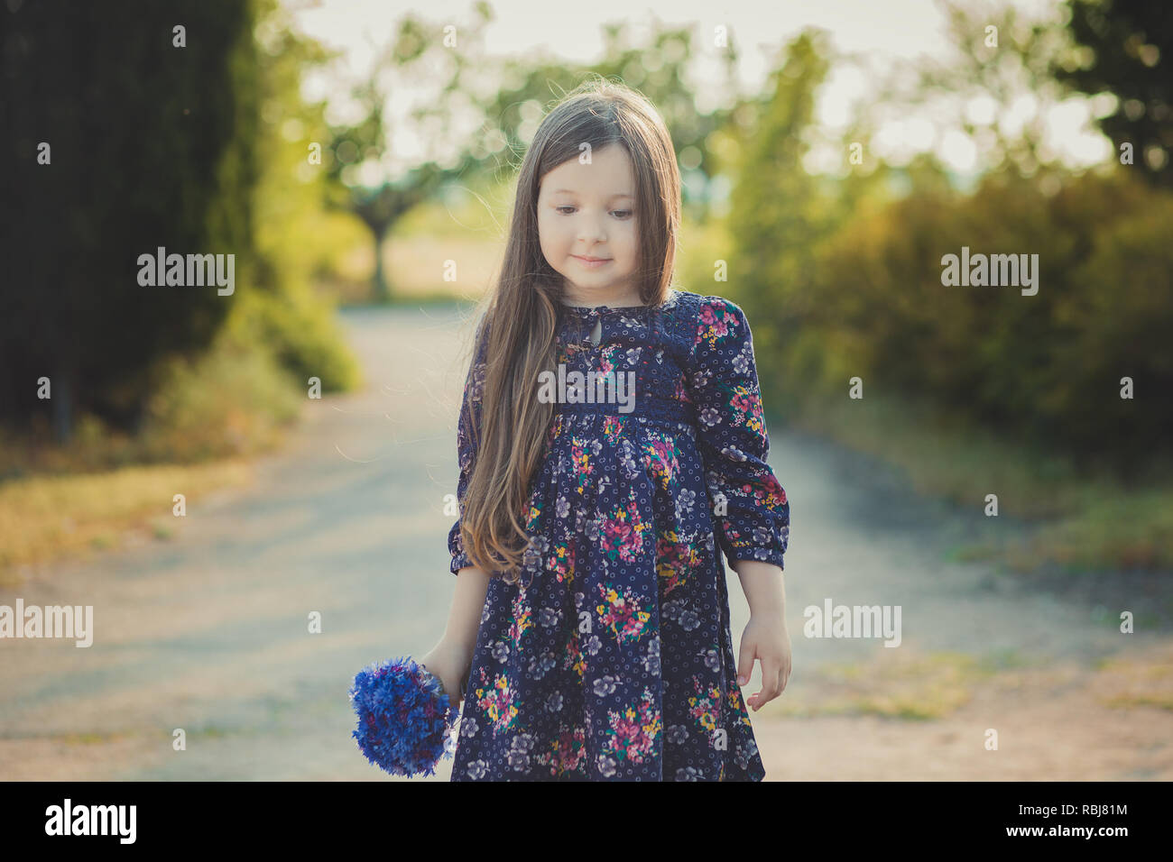 Mignon bébé fille aux cheveux brun et les yeux bruns portrait avec Deep blue purple fleurs sauvages nus portant des fleurs colorées et élégantes robe lookin Banque D'Images