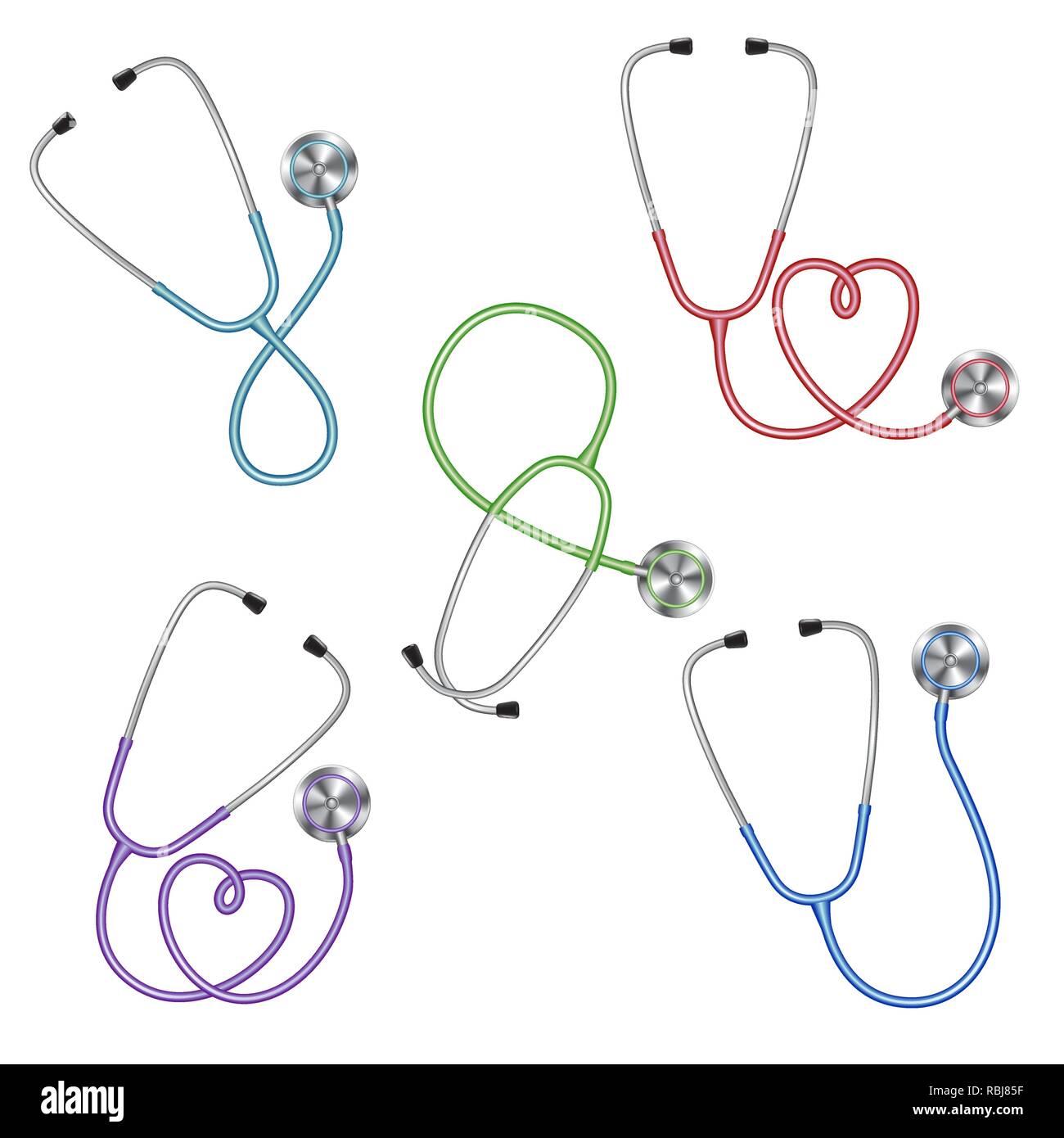 Ensemble de couleur différente de l'équipement médical, l'icône de stéthoscopes Illustration de Vecteur