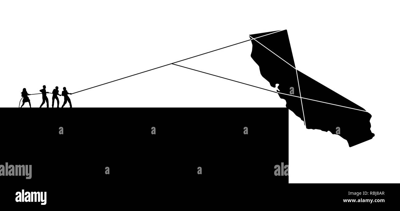 L'état de Californie, USA, est considéré sur le bord. Une silhouette de l'état est sur le point de tomber sur une falaise comme silhouettes de personnes avec des cordes accrocher o Banque D'Images