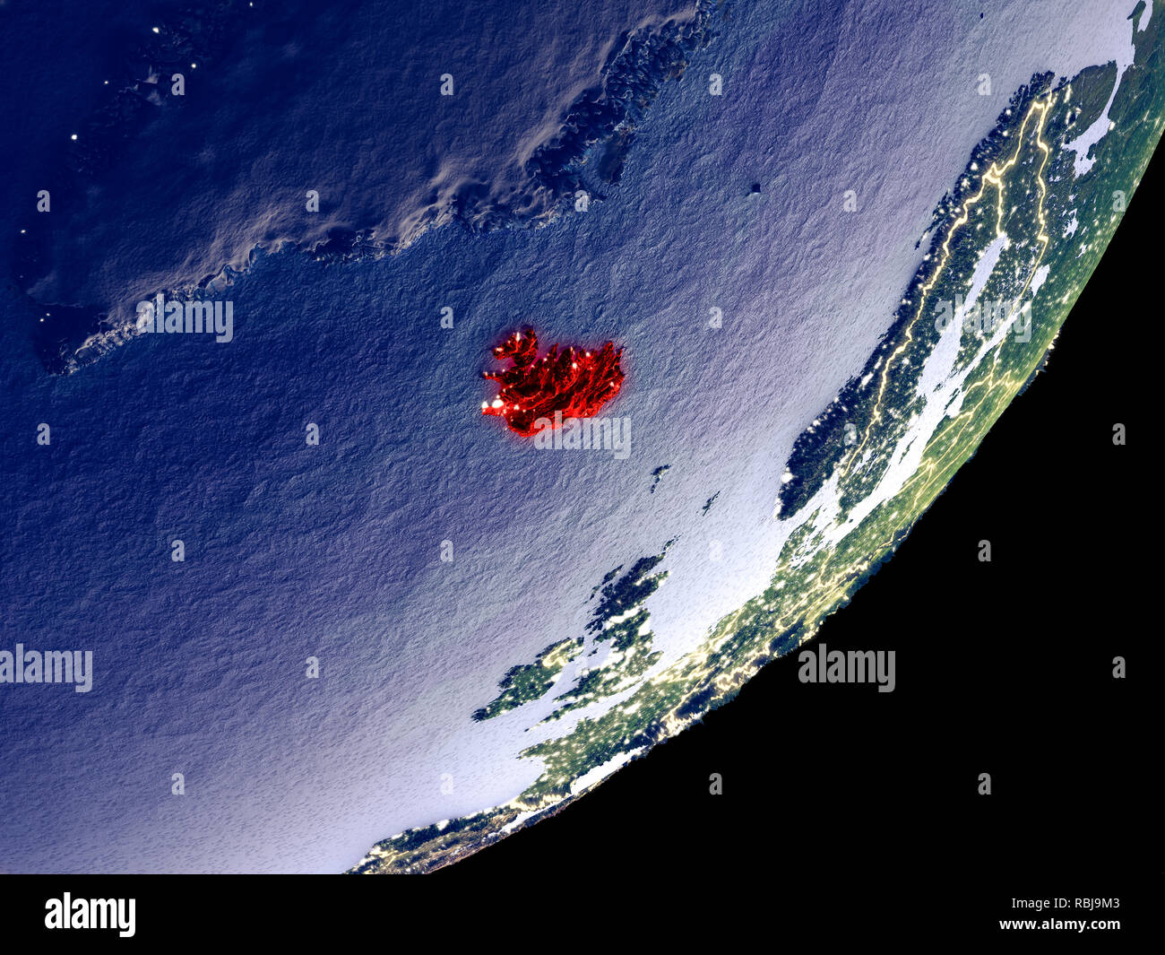 L'Islande à partir de l'espace sur le modèle de terre pendant la nuit. Des détails très fins de la surface de la planète et en plastique lumineux visibles les lumières de la ville. 3D illustration. Element Banque D'Images