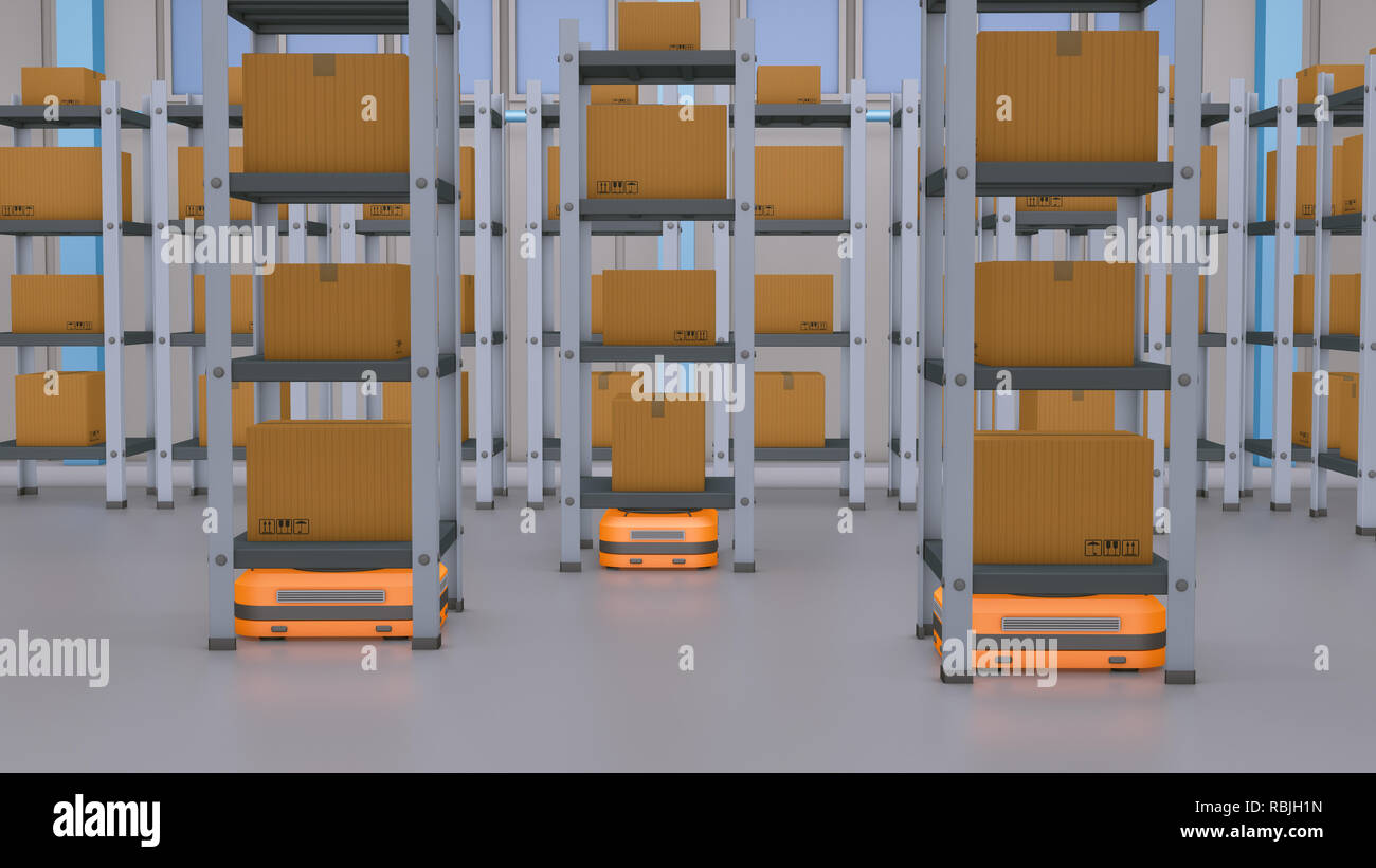 Petits robots transportant des étagères à un entrepôt, concept de l'automatisation d'entrepôt et de l'industrie rendu 3D (4,0) Banque D'Images