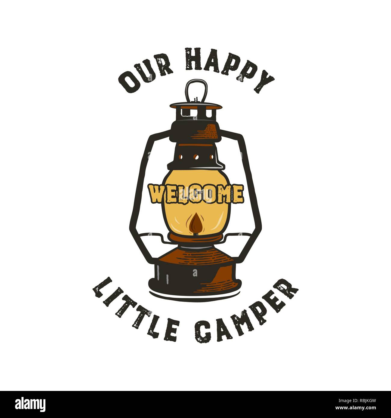 Badge Camping design - Nos heureux petit camping-devis avec lanterne camping illustration de l'emblème. Pour les amateurs de randonnée agréable, pour t-shirt, tasse d'autres impressions. Stock vector isolated on white Illustration de Vecteur