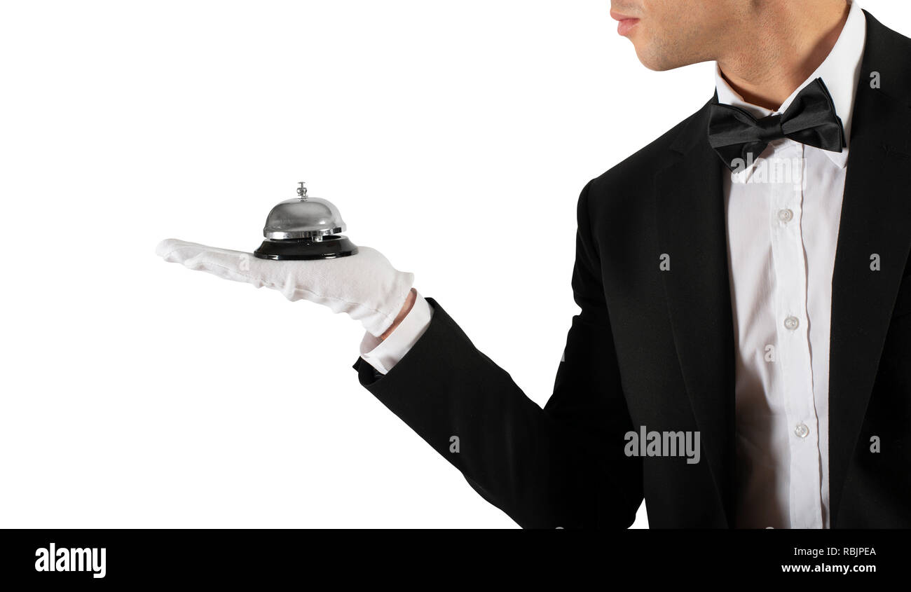 Garçon avec Bell dans la main. Concept de service de première classe dans votre entreprise Banque D'Images