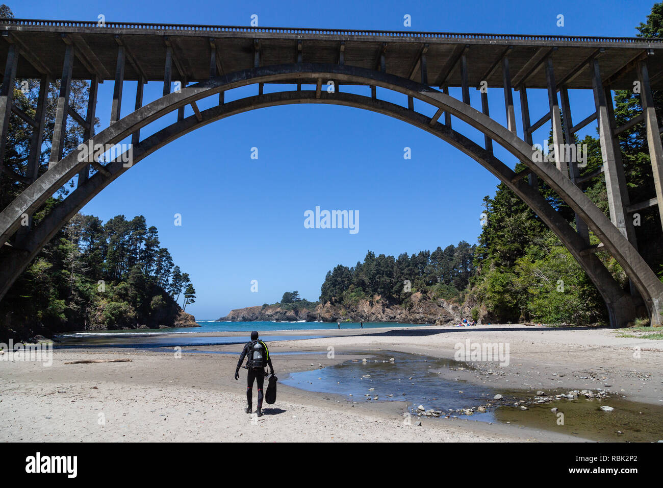 Un plongeur se dirige vers l'océan, prêts pour l'aventure à Fédération Gulch State Park dans le comté de Mendocino, en Californie. Banque D'Images