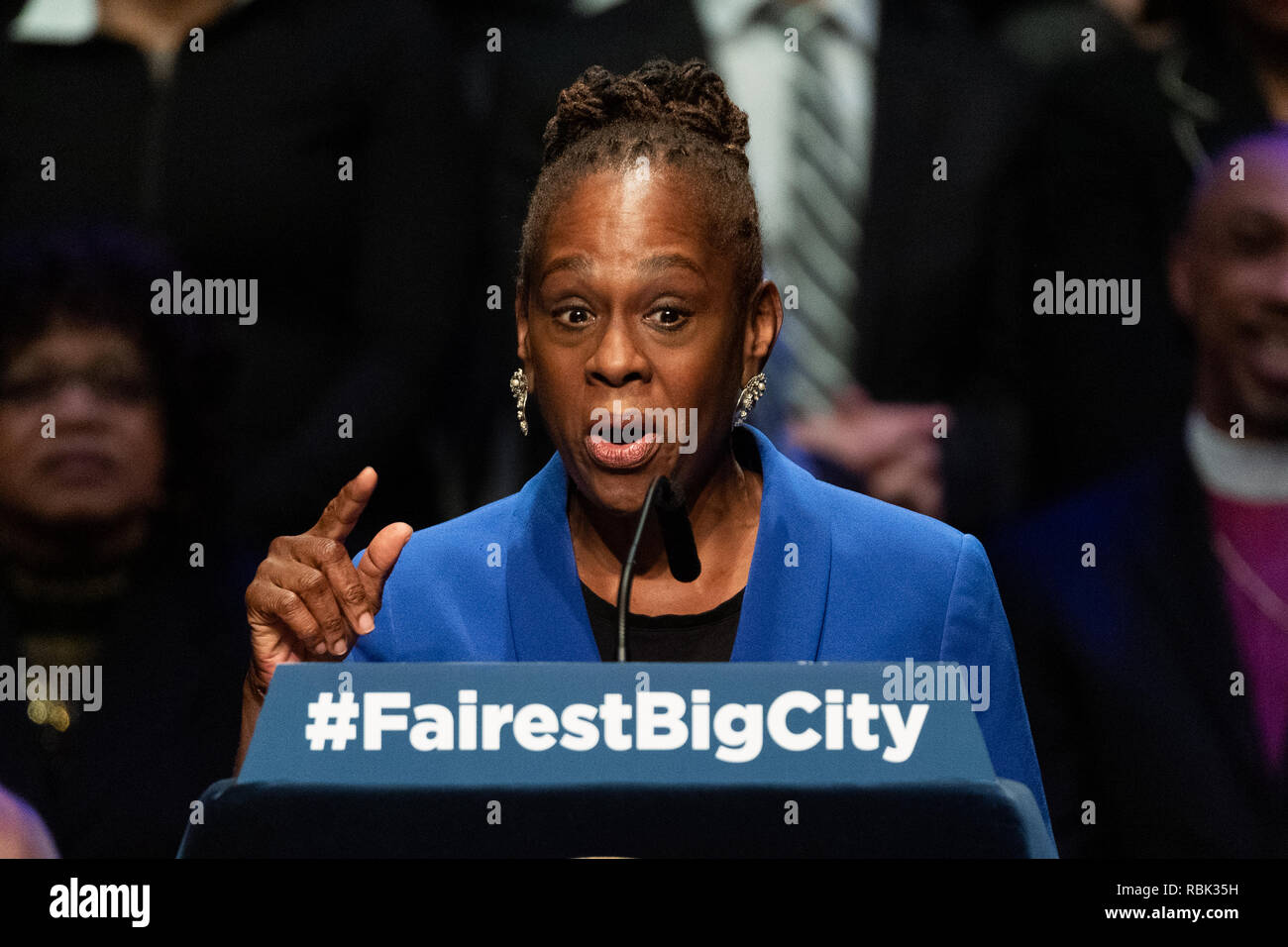 Première Dame du New York City Chirlane McCray vu parler à l'état de la ville à la Peter Jay Sharp Theatre au Symphony Space de New York. Banque D'Images